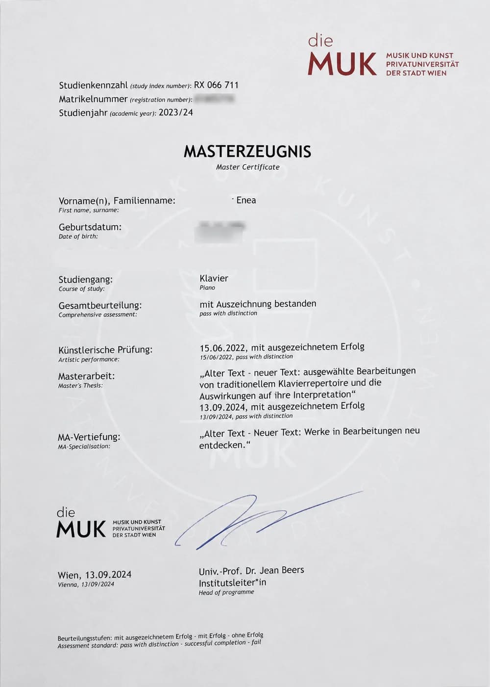 Enea's 2024 master's degree certificate in piano performance from MUK Vienna, awarded with distinction