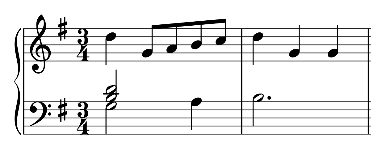 The opening two bars of Petzold's Minuet in G, BWV Anh.114, with five melody notes in bar one and three in bar two