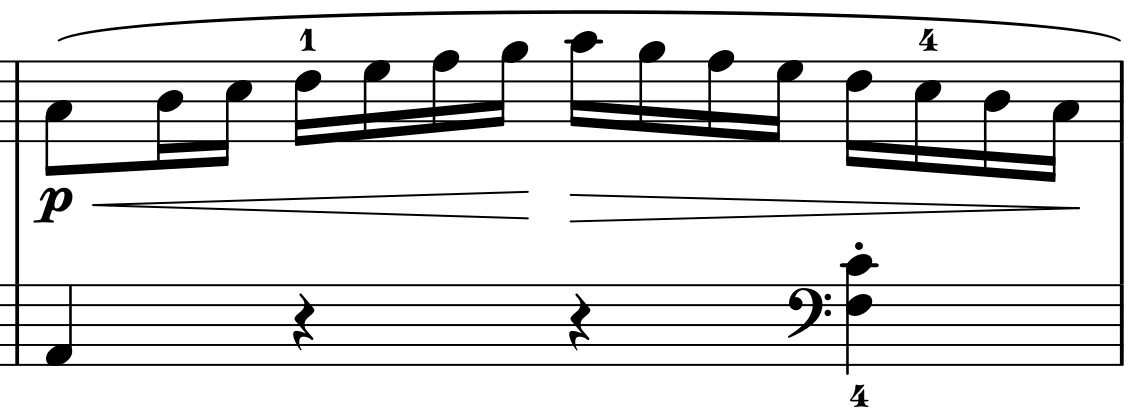 Bar 5 of Mozart’s K.545 first movement, with an A-to-A right-hand run and two left-hand attacks