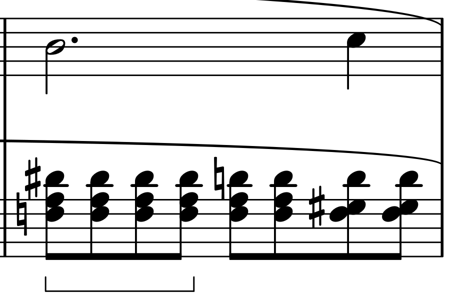 Bar 3 of Chopin’s E-minor Prelude: F-natural lasts through the bar, D-sharp becomes D-natural, and A becomes G-sharp in the final two left-hand chords