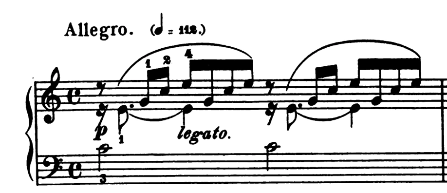 Bar one with treble and bass clefs, common time, and the repeated C major pattern