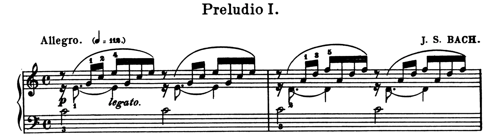 Complete first system retaining clefs, common time, title and historical editorial markings